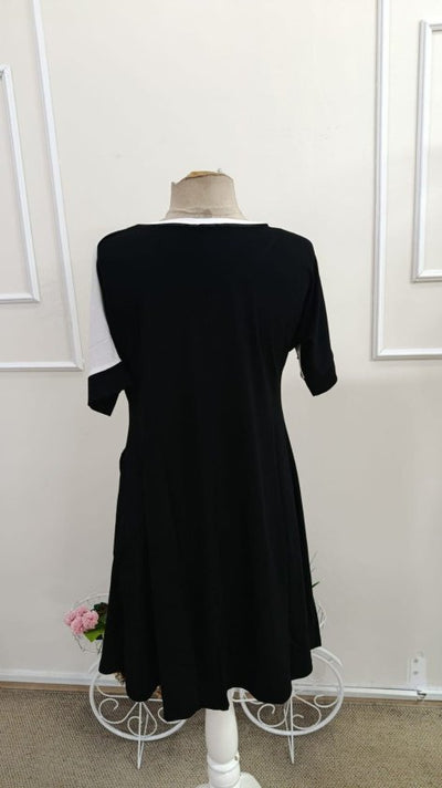 Rochie de damă din viscoză bicoloră, cu mânecă scurtă și guler rotund, cu detalii geometrice în față, 34609