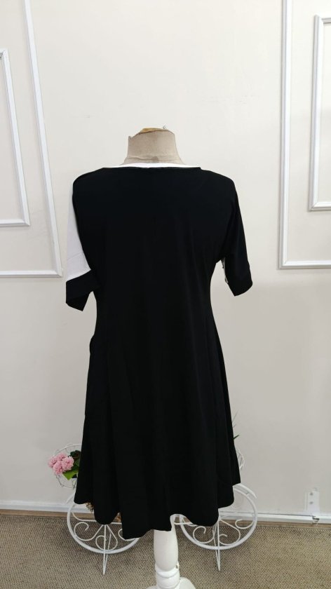 Rochie de damă din viscoză bicoloră, cu mânecă scurtă și guler rotund, cu detalii geometrice în față, 34609