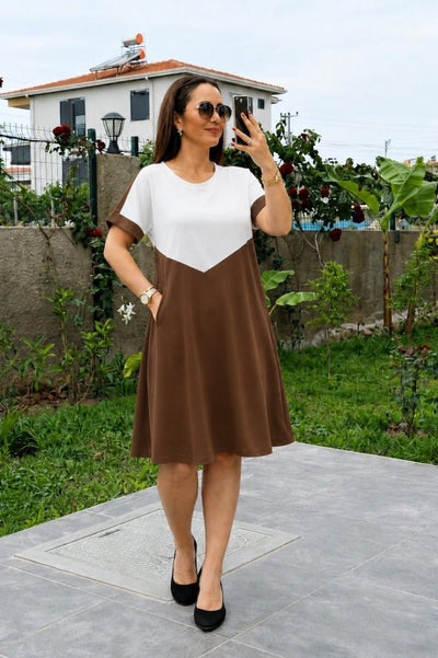 Rochie de damă din viscoză bicoloră, cu mânecă scurtă și guler rotund, cu detalii geometrice în față, 34610