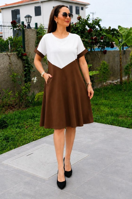 Rochie de damă din viscoză bicoloră, cu mânecă scurtă și guler rotund, cu detalii geometrice în față, 34610
