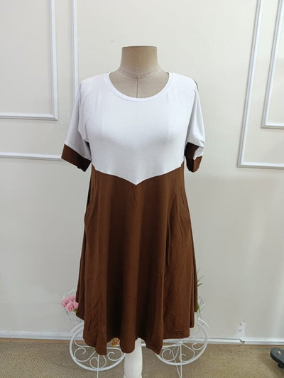 Rochie de damă din viscoză bicoloră, cu mânecă scurtă și guler rotund, cu detalii geometrice în față, 34610