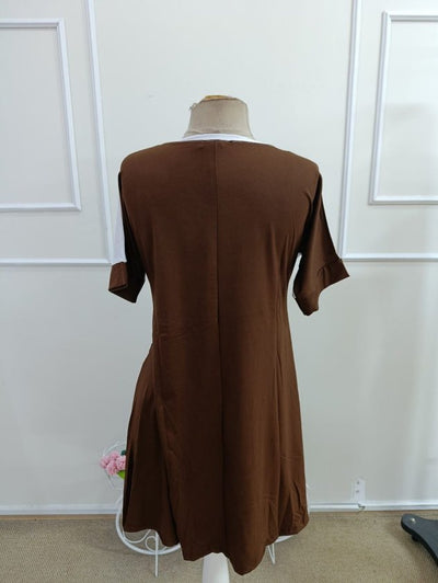 Rochie de damă din viscoză bicoloră, cu mânecă scurtă și guler rotund, cu detalii geometrice în față, 34610