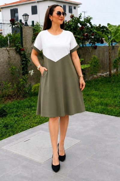 Rochie de damă din viscoză bicoloră, cu mânecă scurtă și guler rotund, cu detalii geometrice în față, 34611