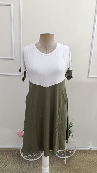 Rochie de damă din viscoză bicoloră, cu mânecă scurtă și guler rotund, cu detalii geometrice în față, 34611