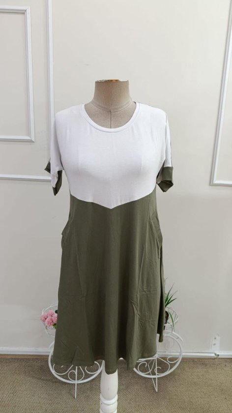 Rochie de damă din viscoză bicoloră, cu mânecă scurtă și guler rotund, cu detalii geometrice în față, 34611