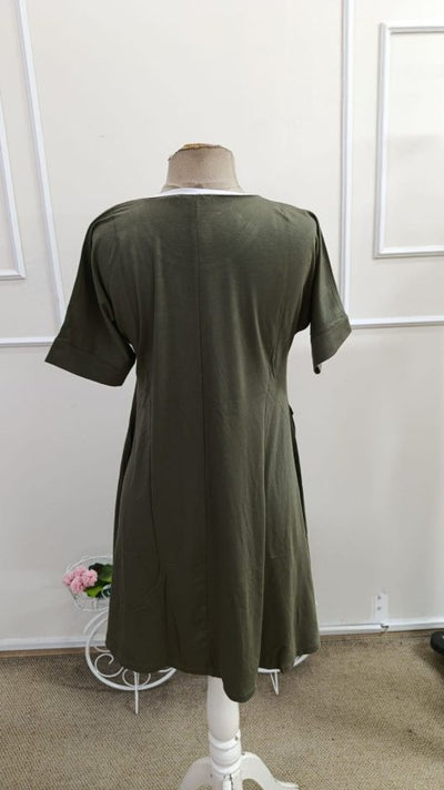 Rochie de damă din viscoză bicoloră, cu mânecă scurtă și guler rotund, cu detalii geometrice în față, 34611