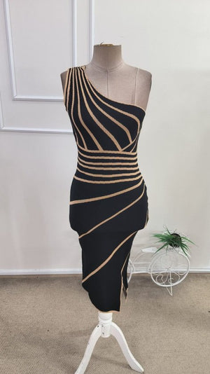 Rochie midi tricotată cu un singur umăr și crăpătură laterală pentru femei, 34635