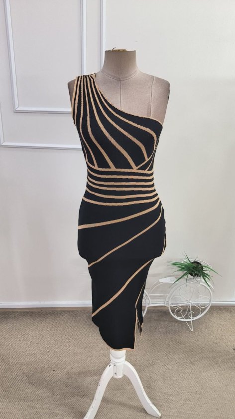 Rochie midi tricotată cu un singur umăr și crăpătură laterală pentru femei, 34635