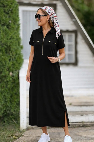 Rochie lungă din viscoză cu două fire, cu mânecă scurtă și guler, 34659