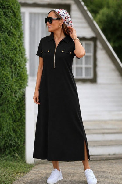 Rochie lungă din viscoză cu două fire, cu mânecă scurtă și guler, 34659