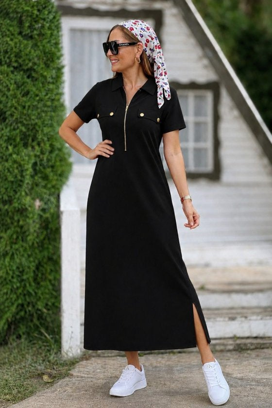 Rochie lungă din viscoză cu două fire, cu mânecă scurtă și guler, 34659