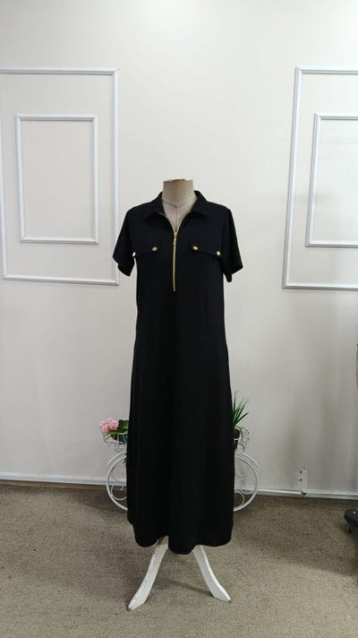 Rochie lungă din viscoză cu două fire, cu mânecă scurtă și guler, 34659