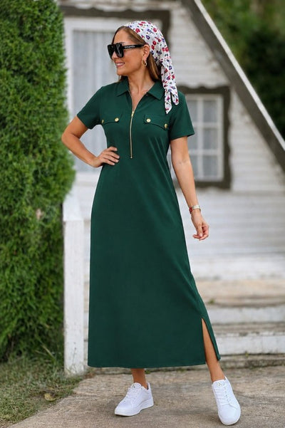 Rochie lungă din viscoză cu două fire, cu mânecă scurtă și guler, 34660