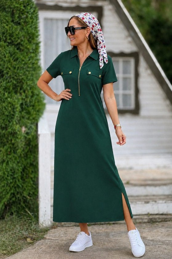 Rochie lungă din viscoză cu două fire, cu mânecă scurtă și guler, 34660