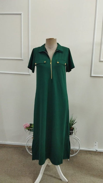 Rochie lungă din viscoză cu două fire, cu mânecă scurtă și guler, 34660