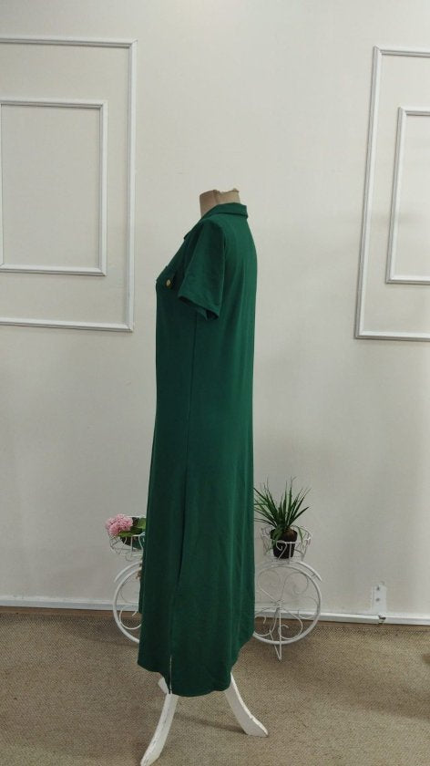 Rochie lungă din viscoză cu două fire, cu mânecă scurtă și guler, 34660