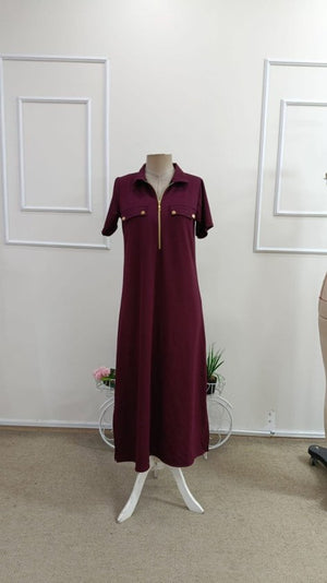 Kadın Kısa Kollu Yakalı Fermuarlı Uzun Viskon Iki Iplik Elbise, 34661