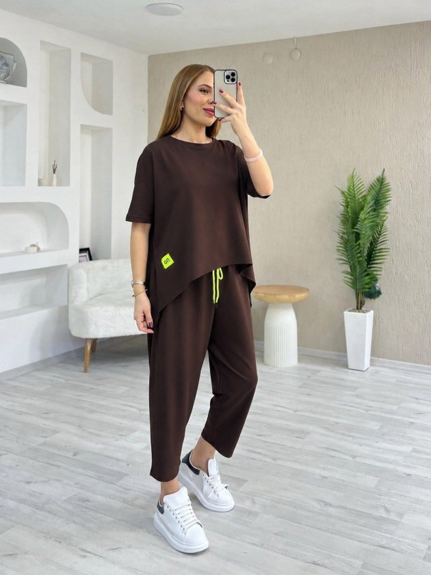Set de două piese pentru femei, din viscoză, cu guler rotund și mânecă scurtă, format din bluză și pantaloni, 34665