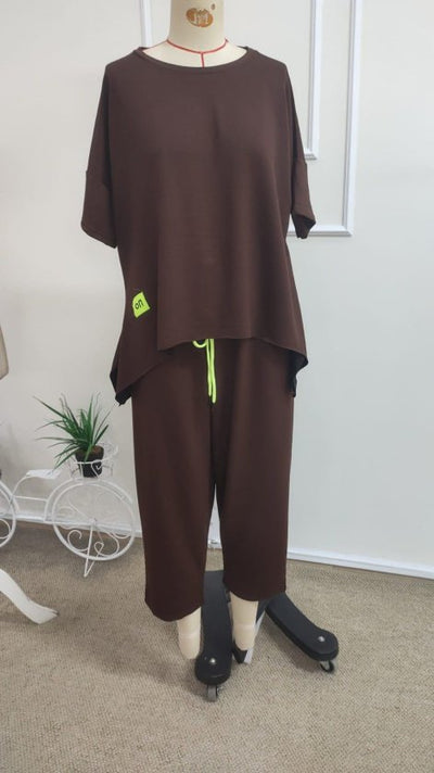 Set de două piese pentru femei, din viscoză, cu guler rotund și mânecă scurtă, format din bluză și pantaloni, 34665
