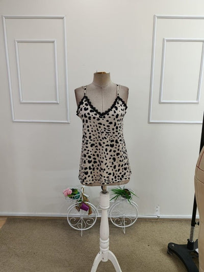 Women's Spaghetti Strap V-Neck Lace Leopard Print Detail Sandy Blouse, 34666