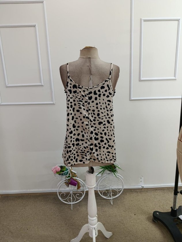 Women's Spaghetti Strap V-Neck Lace Leopard Print Detail Sandy Blouse, 34666