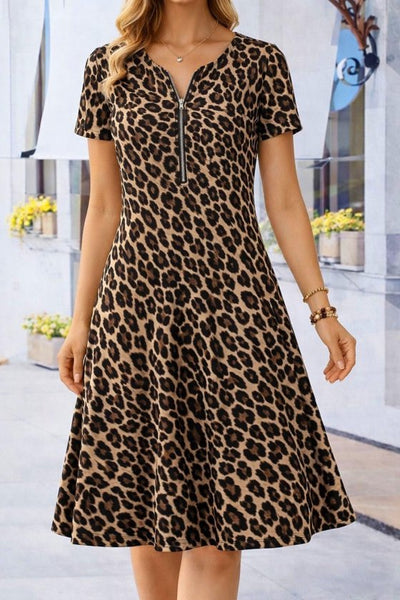Women's Short-Sleeve Collared Zip Detail Leopard Print Midi Supima Dress, 34667