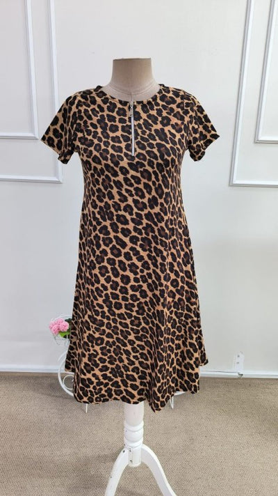 Women's Short-Sleeve Collared Zip Detail Leopard Print Midi Supima Dress, 34667