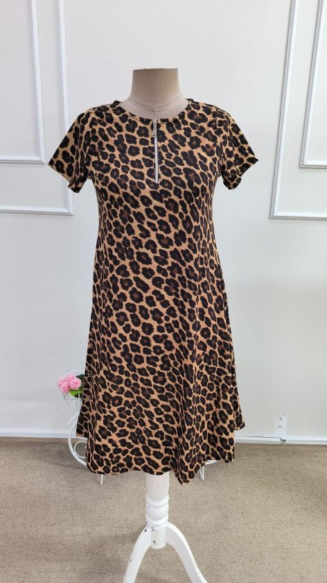Women's Short-Sleeve Collared Zip Detail Leopard Print Midi Supima Dress, 34667