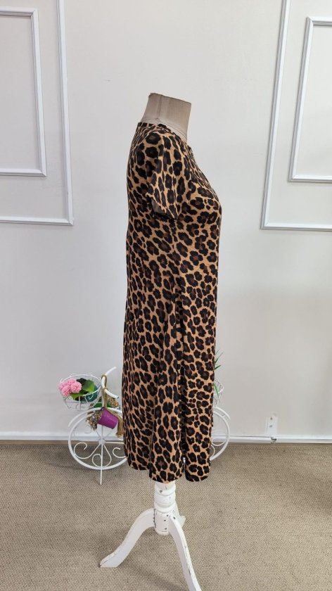 Women's Short-Sleeve Collared Zip Detail Leopard Print Midi Supima Dress, 34667