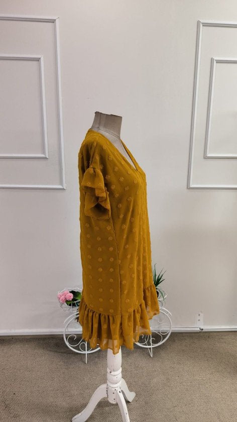 Rochie scurtă din șifon cu buline, cu mânecă scurtă și decolteu în V pentru femei, 34676