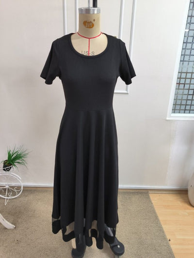 Kadın Kısa Kollu Yuvarlak Yakalı Tül Detaylı Midi Janjan Krep Elbise, 34681