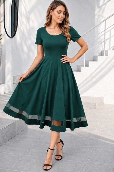 Rochie midi din crep strălucitor, cu mânecă scurtă și decolteu rotund, pentru femei, cu detalii din tul, 34682