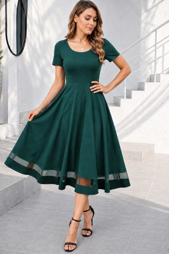Rochie midi din crep strălucitor, cu mânecă scurtă și decolteu rotund, pentru femei, cu detalii din tul, 34682
