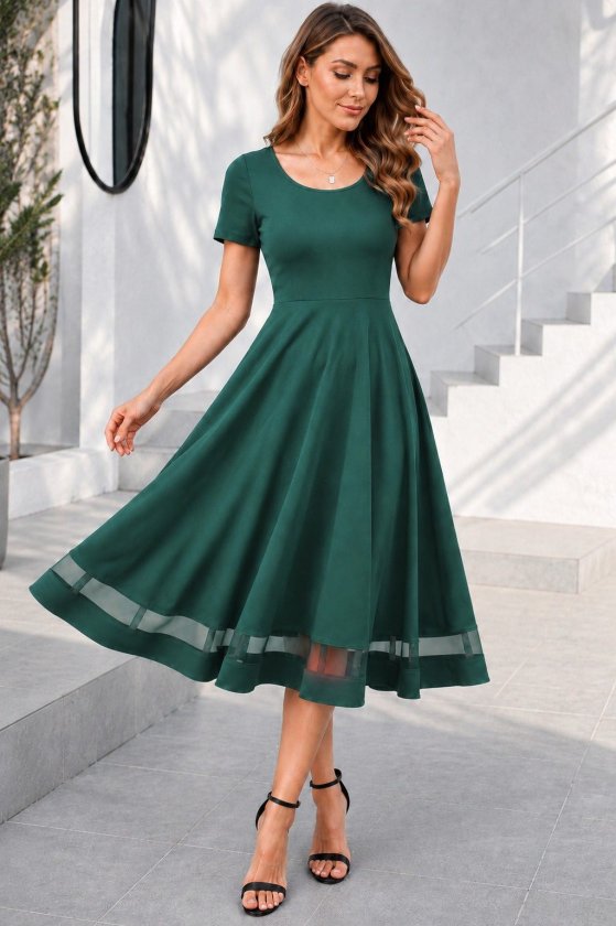 Rochie midi din crep strălucitor, cu mânecă scurtă și decolteu rotund, pentru femei, cu detalii din tul, 34682