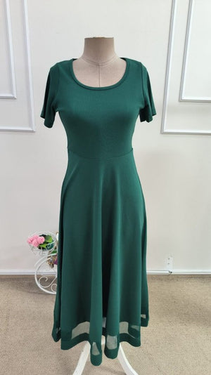 Rochie midi din crep strălucitor, cu mânecă scurtă și decolteu rotund, pentru femei, cu detalii din tul, 34682