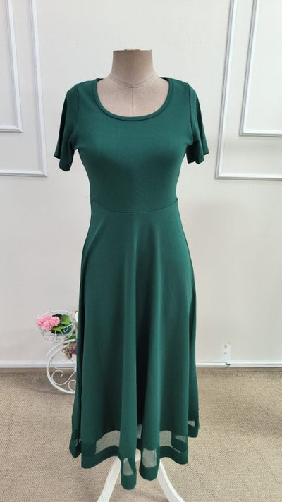 Rochie midi din crep strălucitor, cu mânecă scurtă și decolteu rotund, pentru femei, cu detalii din tul, 34682