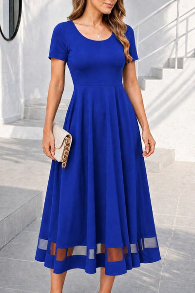 Women's Short Sleeve Round Neck Tulle Detail Midi Shimmer Crepe Dress, 34683