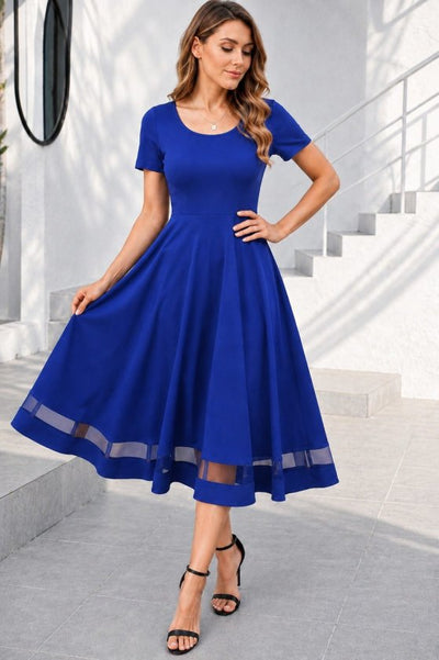 Women's Short Sleeve Round Neck Tulle Detail Midi Shimmer Crepe Dress, 34683