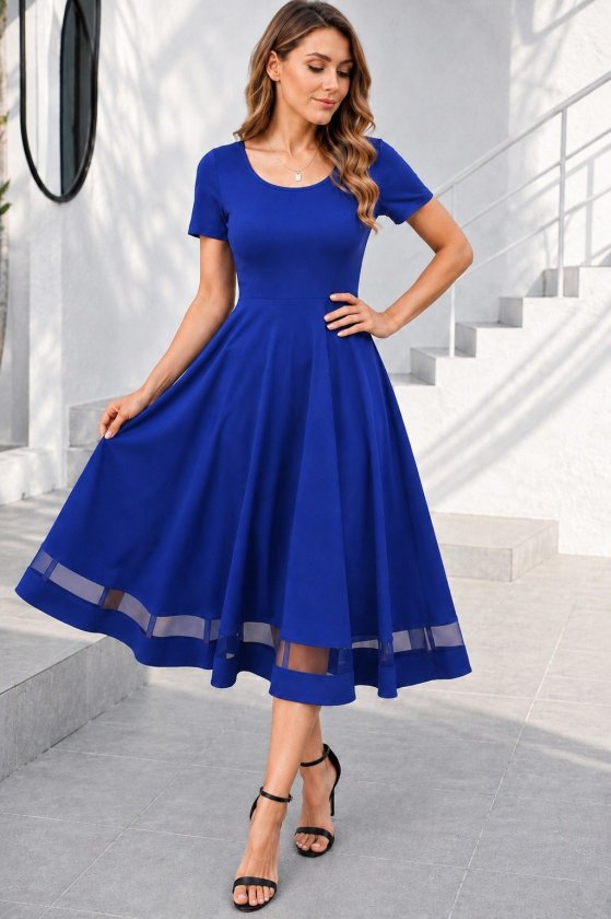 Women's Short Sleeve Round Neck Tulle Detail Midi Shimmer Crepe Dress, 34683