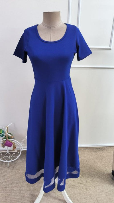 Women's Short Sleeve Round Neck Tulle Detail Midi Shimmer Crepe Dress, 34683