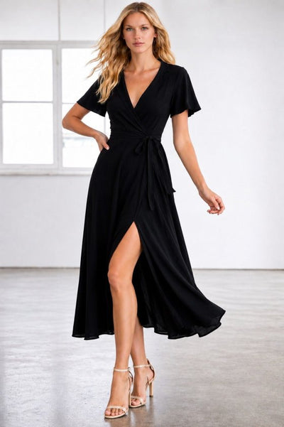 Women's Short Sleeve Wrap Neck Belted Slit Midi Viscose Dress, 34687