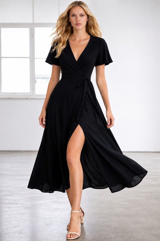 Women's Short Sleeve Wrap Neck Belted Slit Midi Viscose Dress, 34687