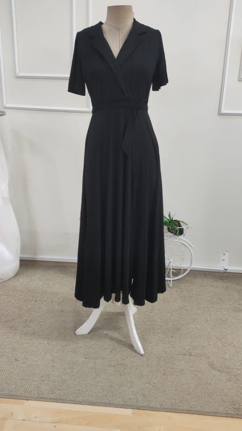 Women's Short Sleeve Wrap Neck Belted Slit Midi Viscose Dress, 34687