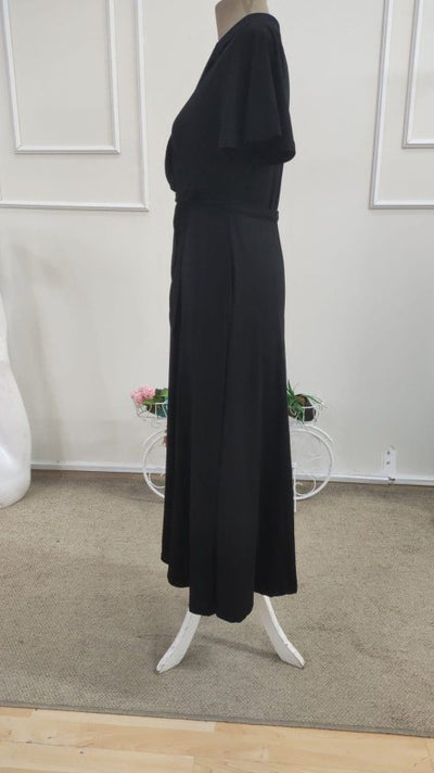 Women's Short Sleeve Wrap Neck Belted Slit Midi Viscose Dress, 34687