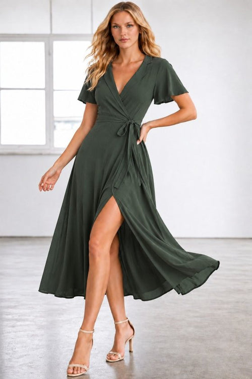 Rochie midi din viscoză pentru femei, cu mânecă scurtă, decolteu înfășurat, cu curea și crăpătură, 34689