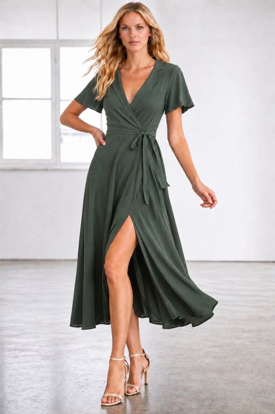 Rochie midi din viscoză pentru femei, cu mânecă scurtă, decolteu înfășurat, cu curea și crăpătură, 34689
