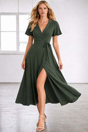Rochie midi din viscoză pentru femei, cu mânecă scurtă, decolteu înfășurat, cu curea și crăpătură, 34689