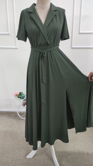 Rochie midi din viscoză pentru femei, cu mânecă scurtă, decolteu înfășurat, cu curea și crăpătură, 34689