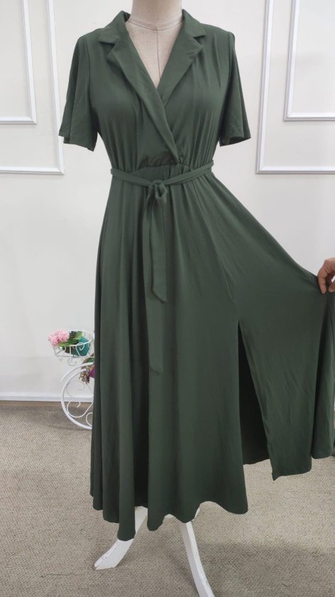 Rochie midi din viscoză pentru femei, cu mânecă scurtă, decolteu înfășurat, cu curea și crăpătură, 34689