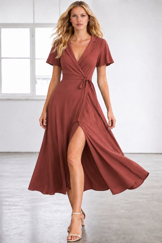 Rochie midi din viscoză pentru femei, cu mânecă scurtă, decolteu înfășurat, cu curea și crăpătură, 34690